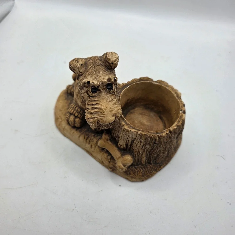 Vintage Terrier Scottie Dog Tree Stump Planter Figurine Bone Rustic Ceramic